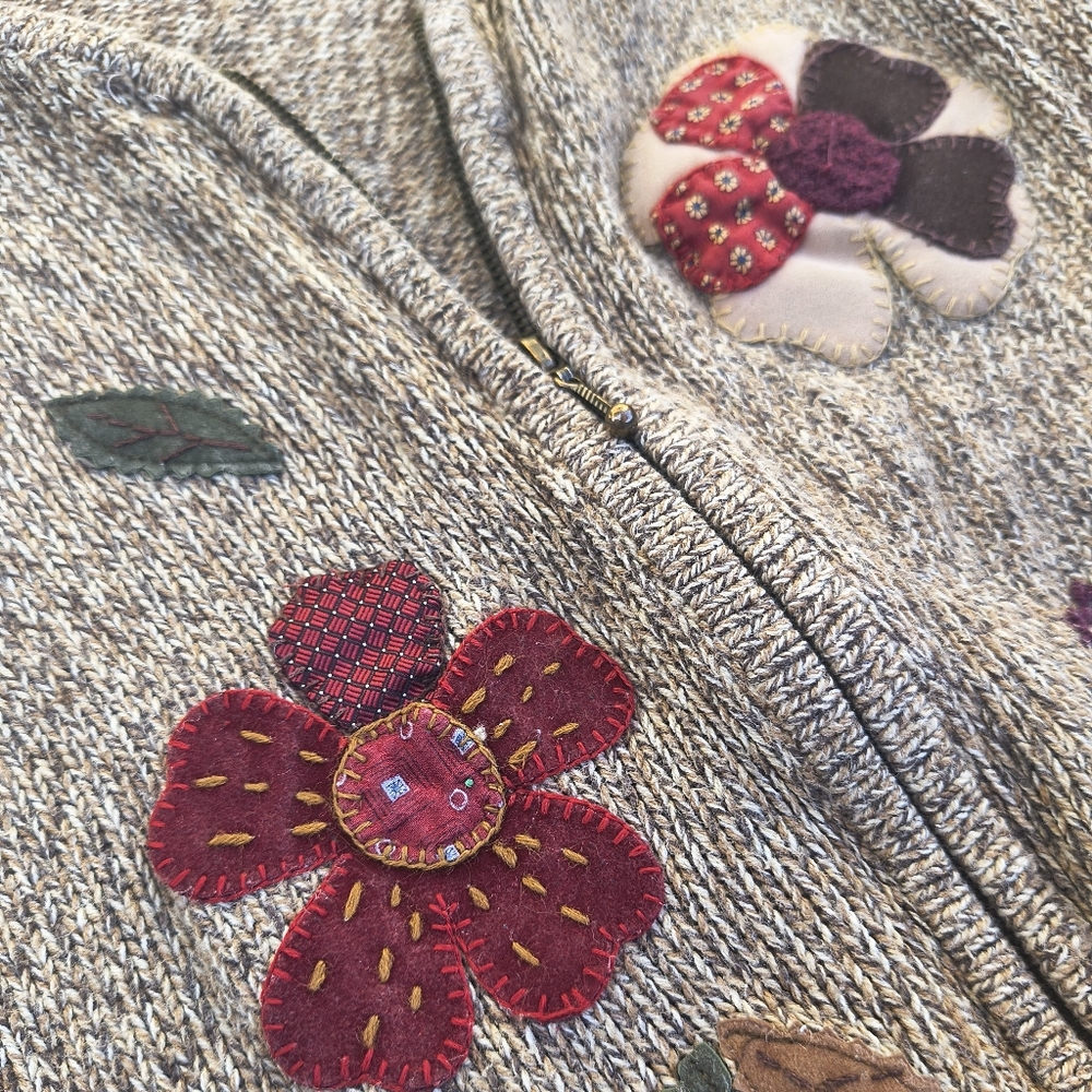VINTAGE | Crazy HorseLiz Clairborne Zip Cardigan Embroidered Floral Brown - Picture 5 of 9